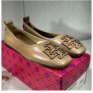 Brown leather Tory Burch ballet flats. Square toe. Only worn 2x. Comes with tote